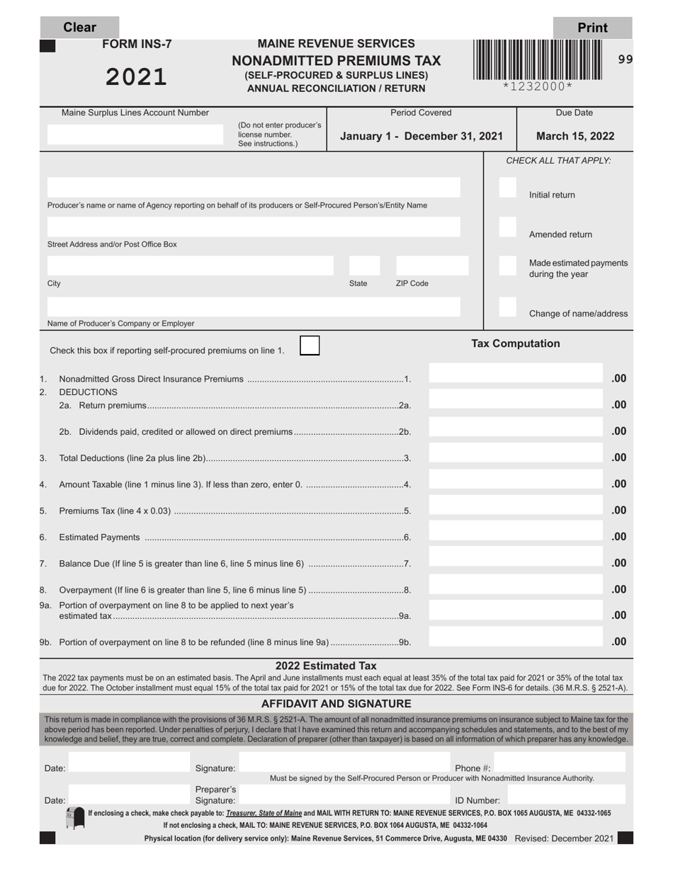 Form INS-7 Nonadmitted Premiums Tax (Self-procured  Surplus Lines) Annual Reconciliation / Return - Maine, Page 1