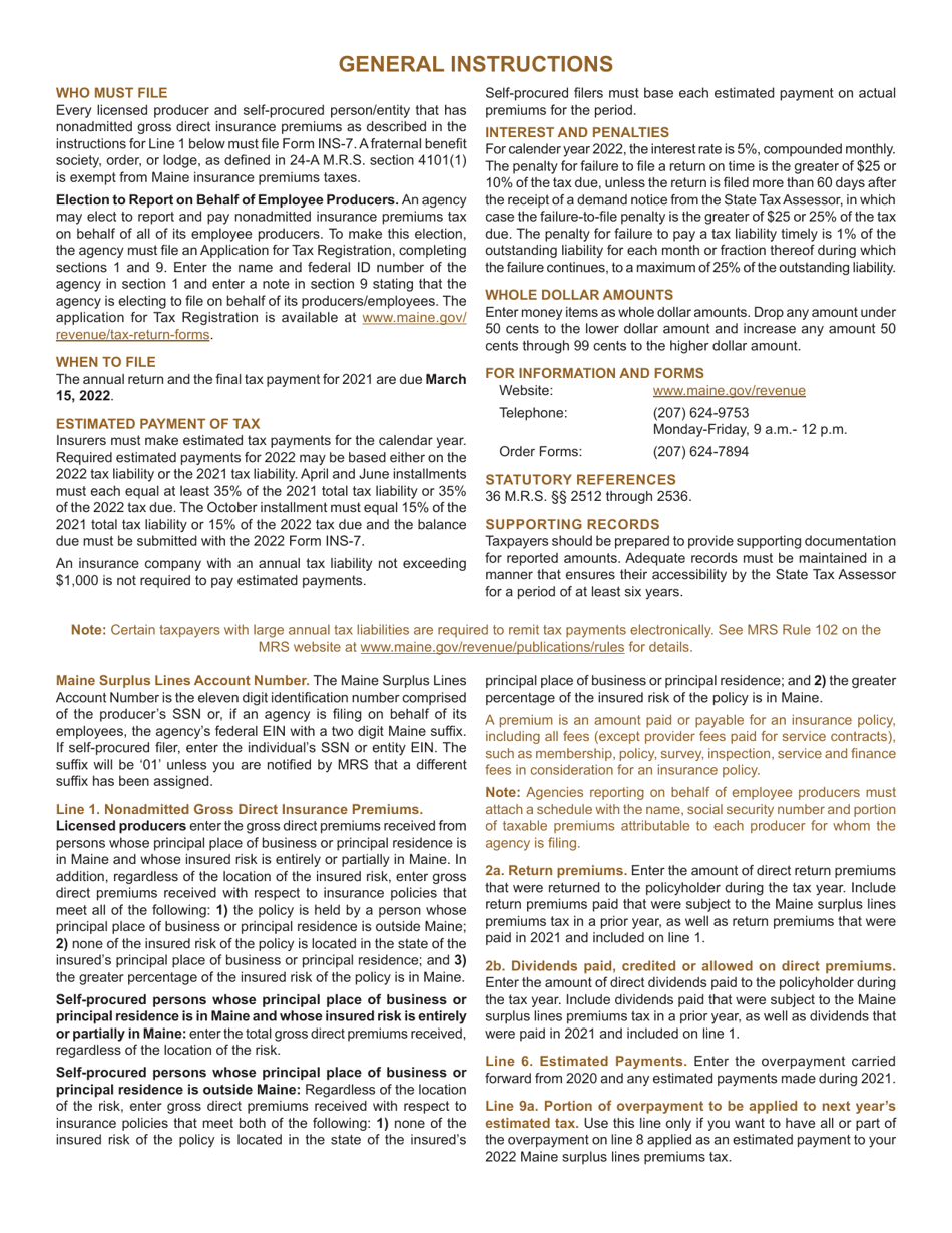 Form INS-7 Nonadmitted Premiums Tax (Self-procured  Surplus Lines) Annual Reconciliation / Return - Maine, Page 2