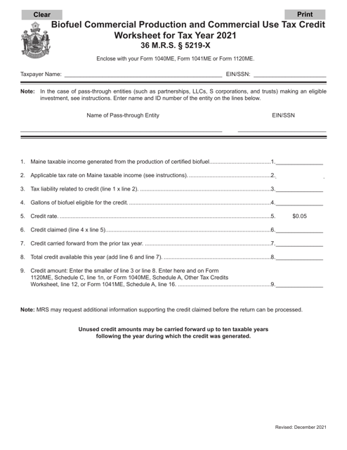 Biofuel Commercial Production and Commercial Use Tax Credit Worksheet - Maine Download Pdf