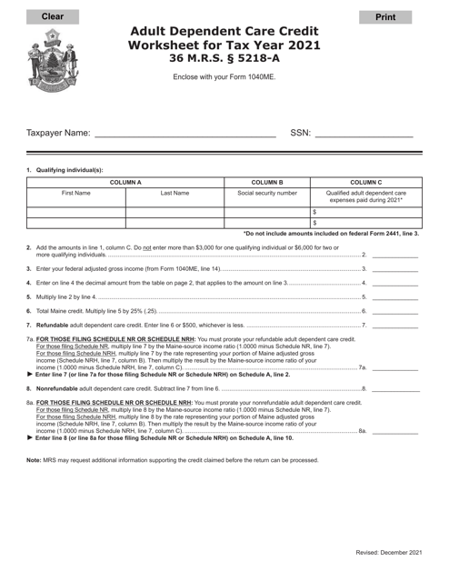 Adult Dependent Care Credit Worksheet - Maine Download Pdf