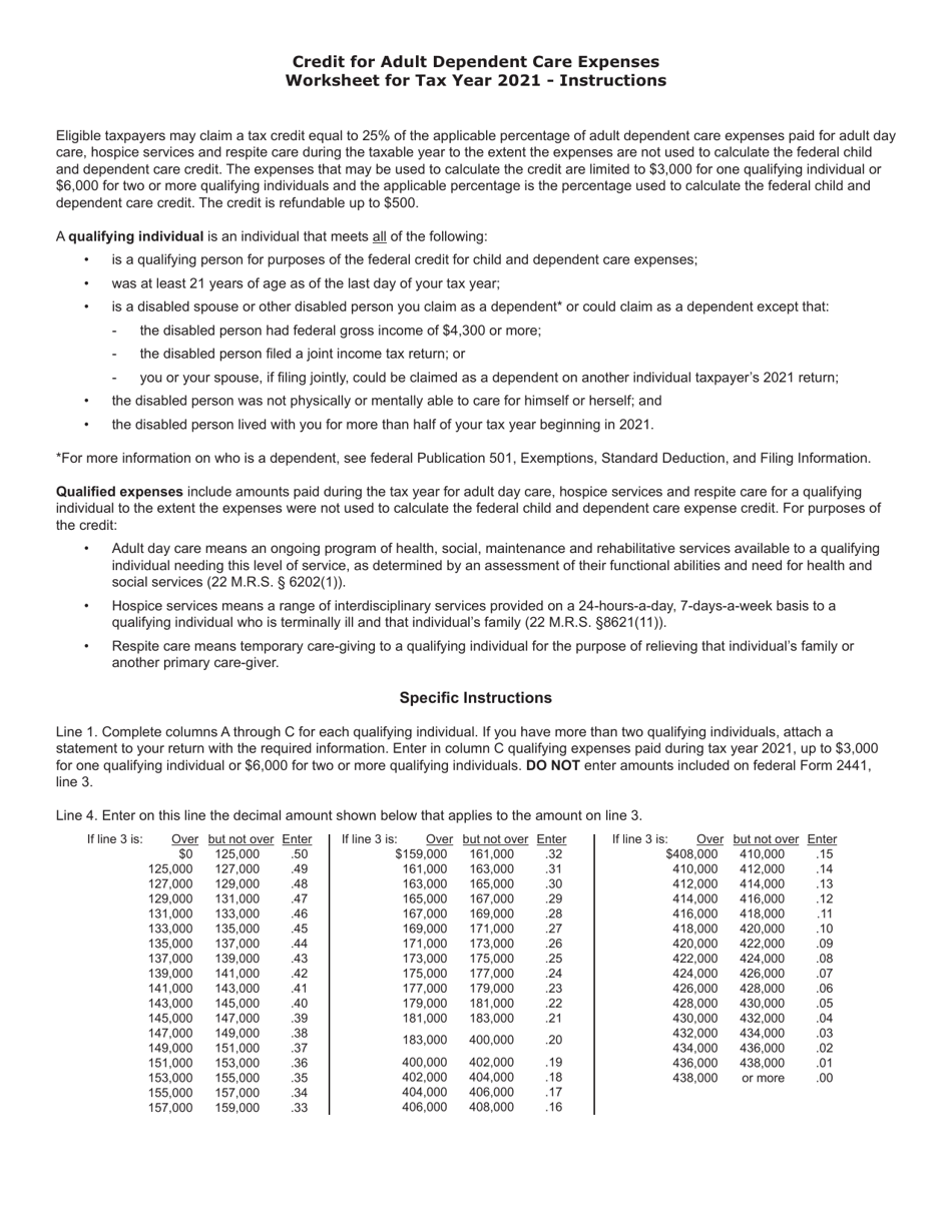 Adult Dependent Care Credit Worksheet - Maine, Page 2