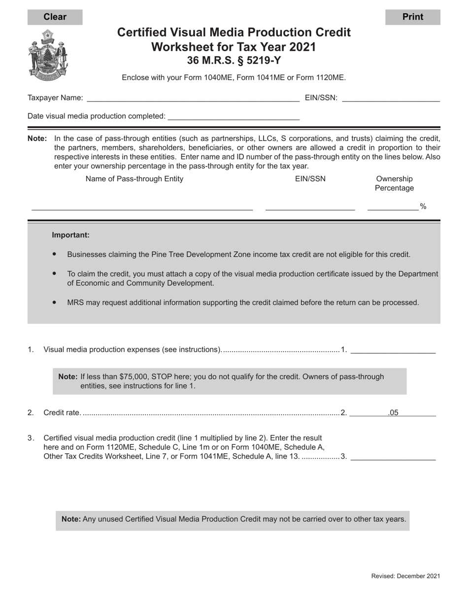 Certified Visual Media Production Credit Worksheet - Maine, Page 1