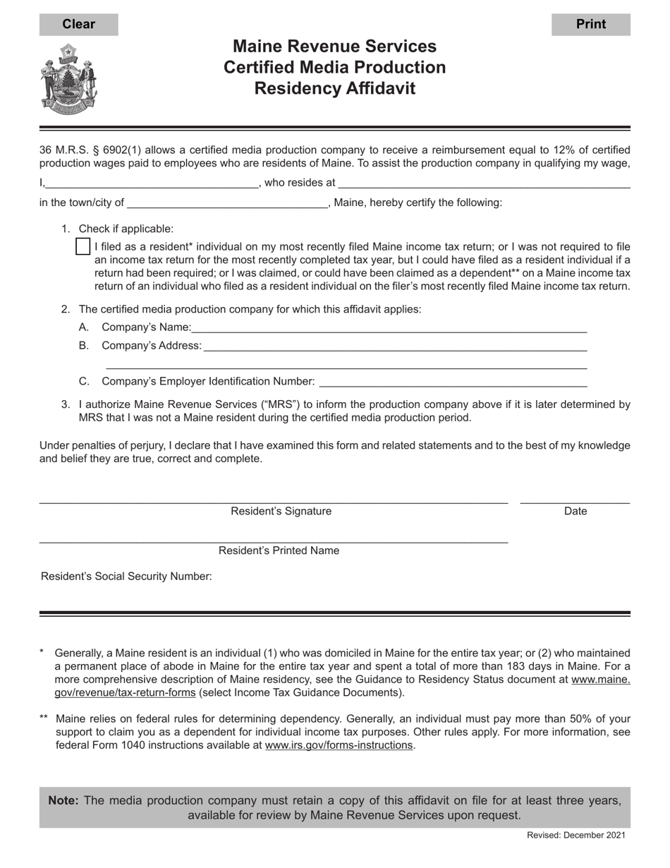 Certified Media Production Residency Affidavit - Maine, Page 1
