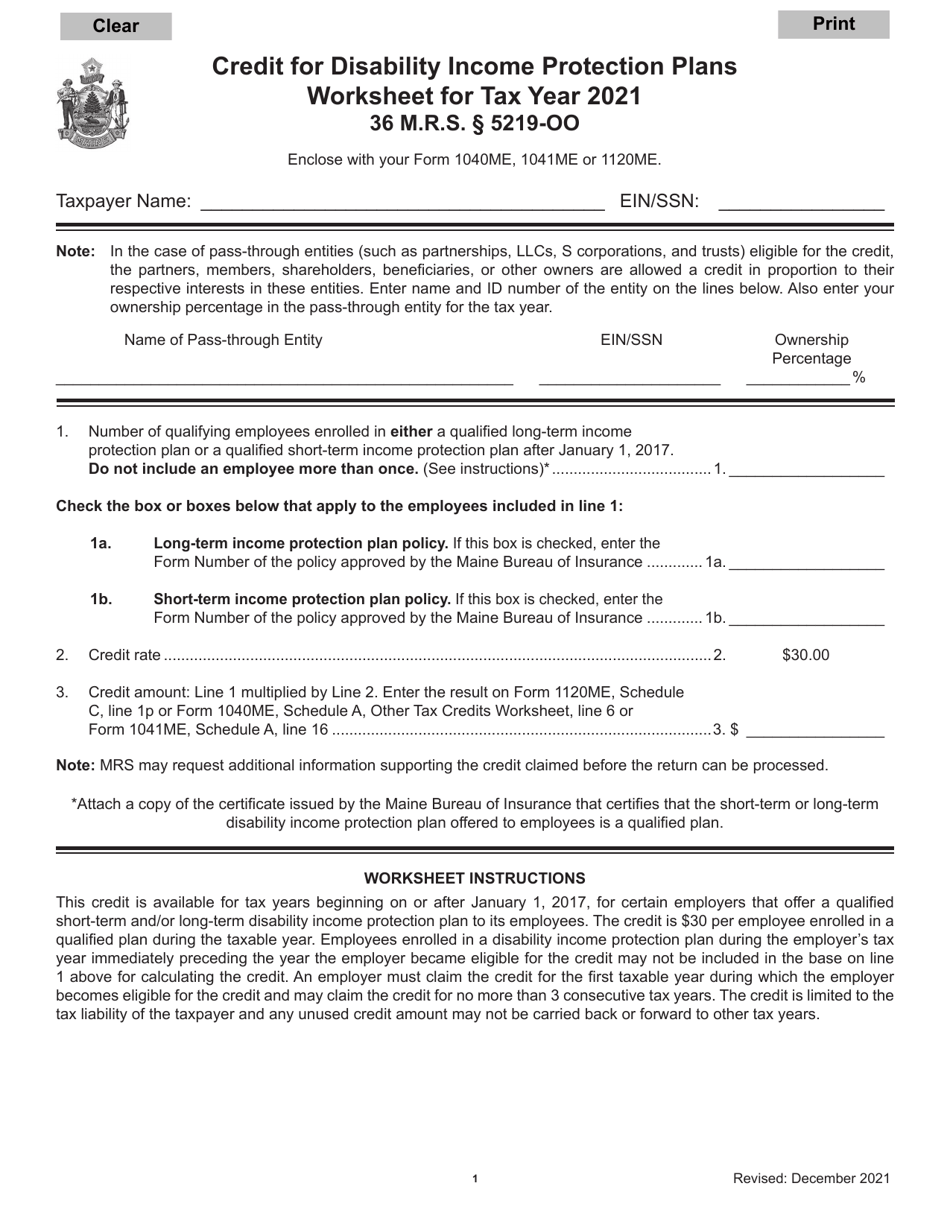 2021 Maine Credit for Disability Income Protection Plans Worksheet ...