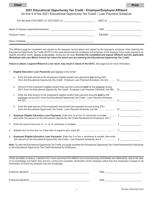 Educational Opportunity Tax Credit - Employer / Employee Affidavit for Line 4 of the Educational Opportunity Tax Credit - Loan Payment Schedule - Maine Download Pdf