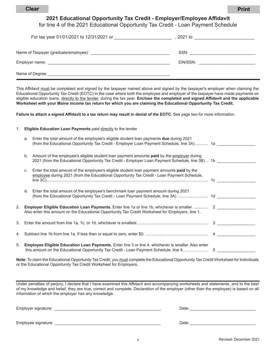 Educational Opportunity Tax Credit - Employer / Employee Affidavit for Line 4 of the Educational Opportunity Tax Credit - Loan Payment Schedule - Maine, Page 1