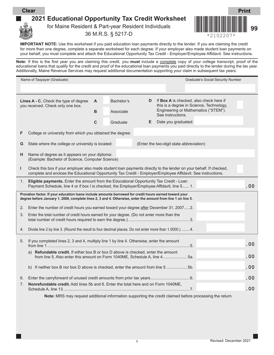 Educational Opportunity Tax Credit Worksheet for Maine Resident  Part-Year Resident Individuals - Maine, Page 1