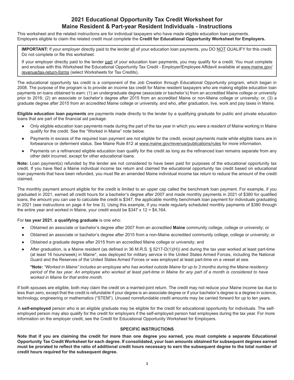 Educational Opportunity Tax Credit Worksheet for Maine Resident  Part-Year Resident Individuals - Maine, Page 3