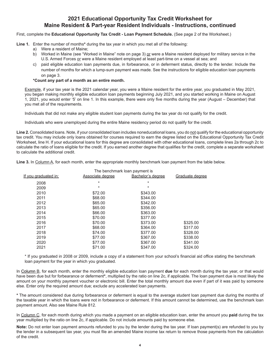 Educational Opportunity Tax Credit Worksheet for Maine Resident  Part-Year Resident Individuals - Maine, Page 4