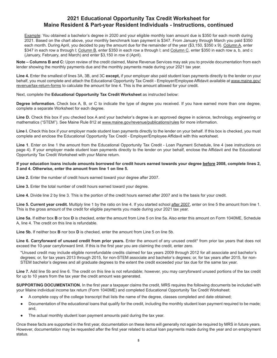 Educational Opportunity Tax Credit Worksheet for Maine Resident  Part-Year Resident Individuals - Maine, Page 5