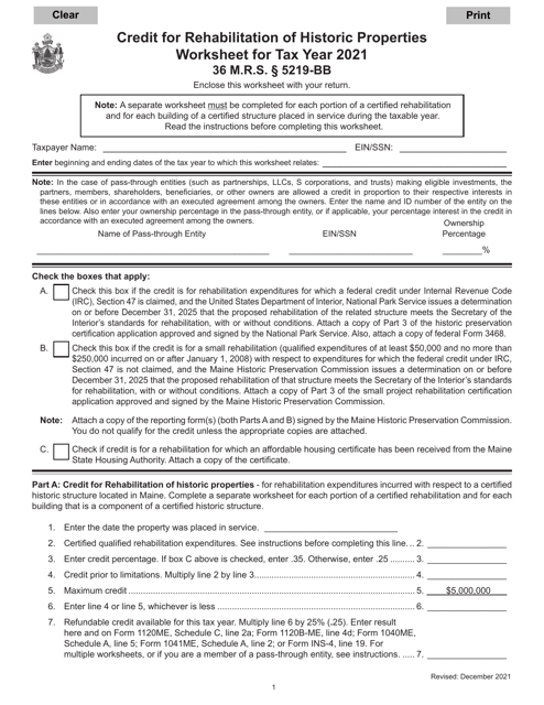 Credit for Rehabilitation of Historic Properties Worksheet - Maine Download Pdf