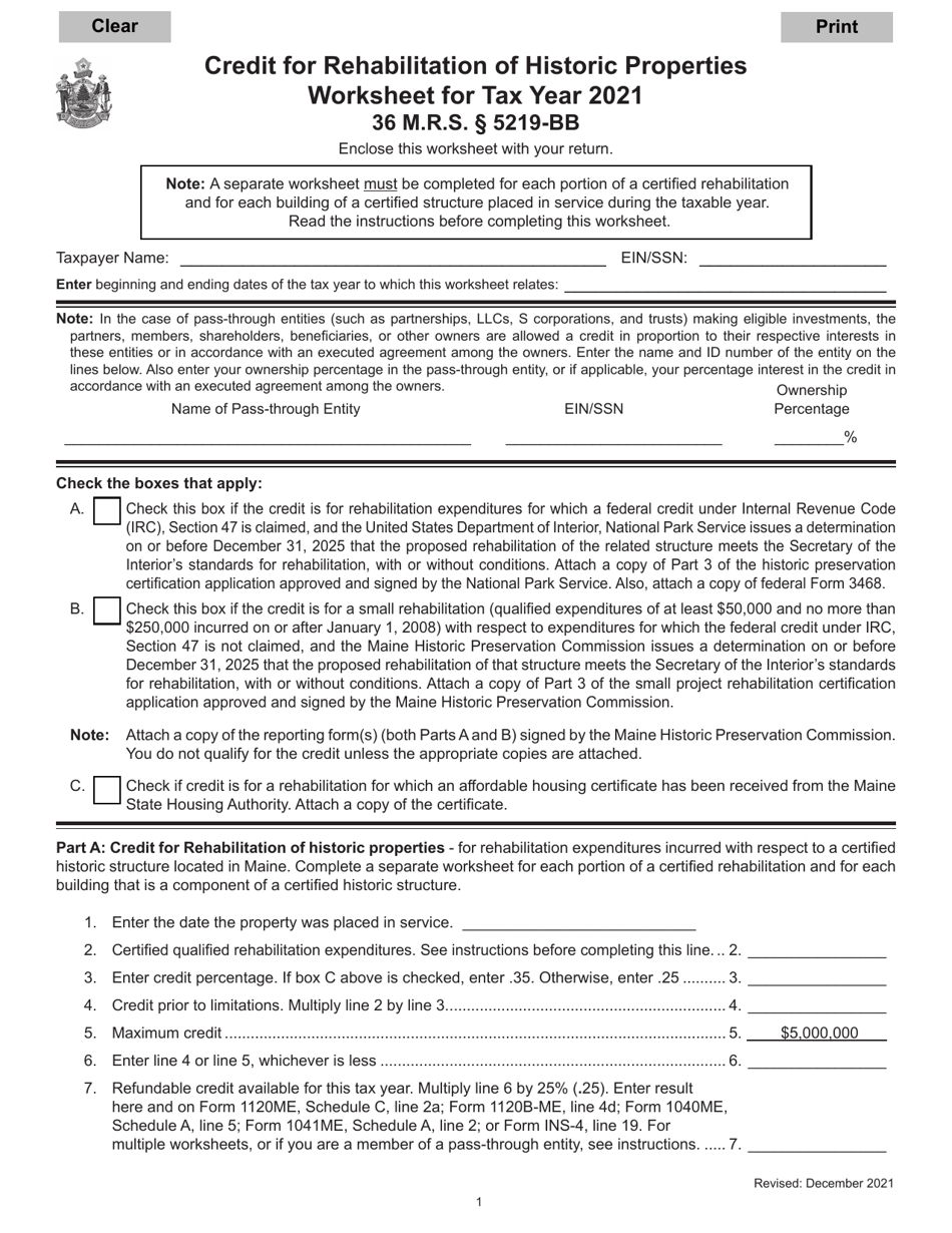 Credit for Rehabilitation of Historic Properties Worksheet - Maine, Page 1