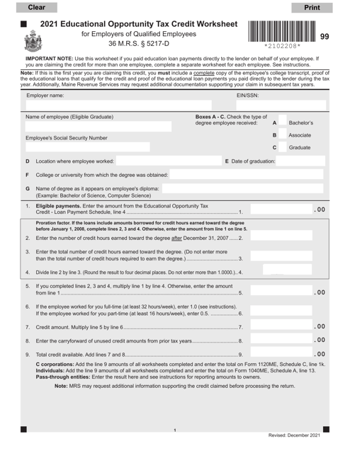 Educational Opportunity Tax Credit Worksheet for Employers of Qualified Employees - Maine, 2021