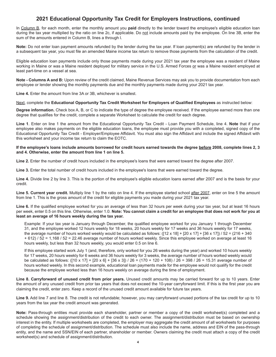 Educational Opportunity Tax Credit Worksheet for Employers of Qualified Employees - Maine, Page 4
