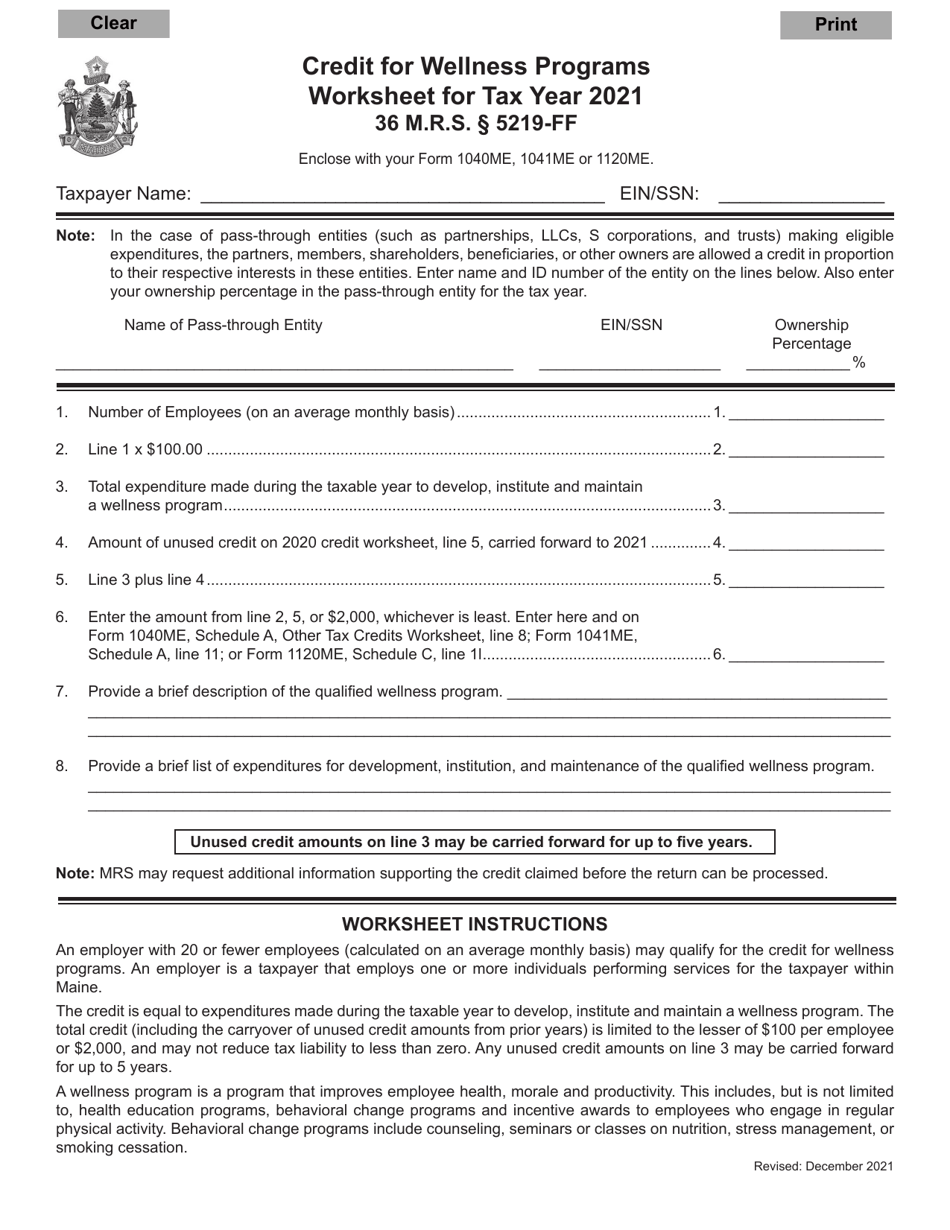 Credit for Wellness Programs Worksheet - Maine, Page 1