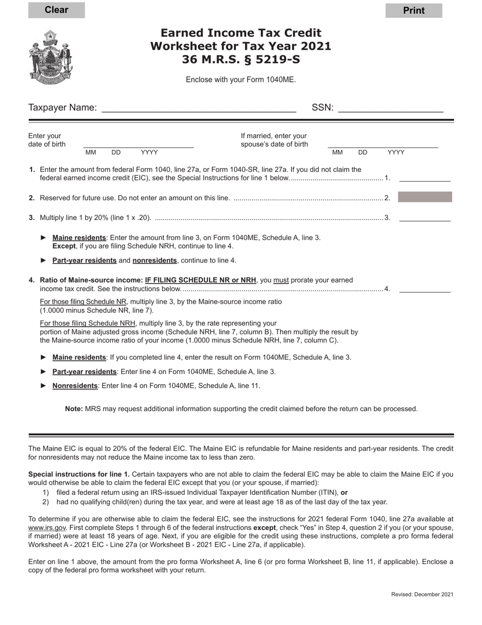 2021 Maine Earned Income Tax Credit Worksheet Download Fillable PDF