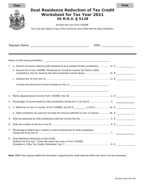 Dual Residence Reduction of Tax Credit Worksheet - Maine Download Pdf