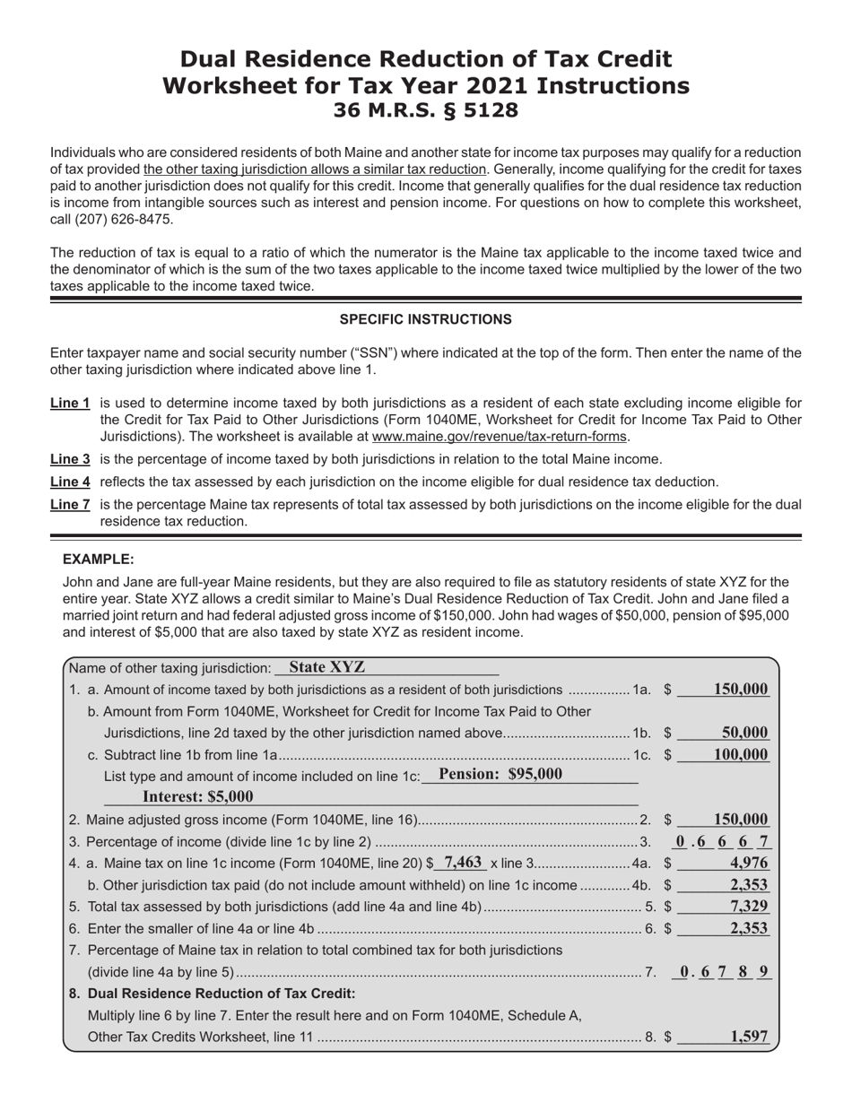 2021 Maine Dual Residence Reduction of Tax Credit Worksheet Fill Out
