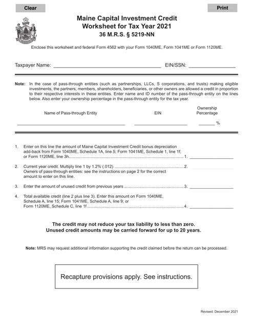 Maine Capital Investment Credit Worksheet - Maine Download Pdf