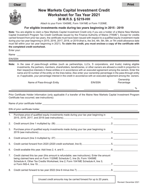 New Markets Capital Investment Credit Worksheet - Maine Download Pdf