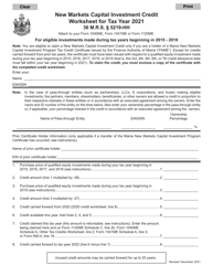 New Markets Capital Investment Credit Worksheet - Maine