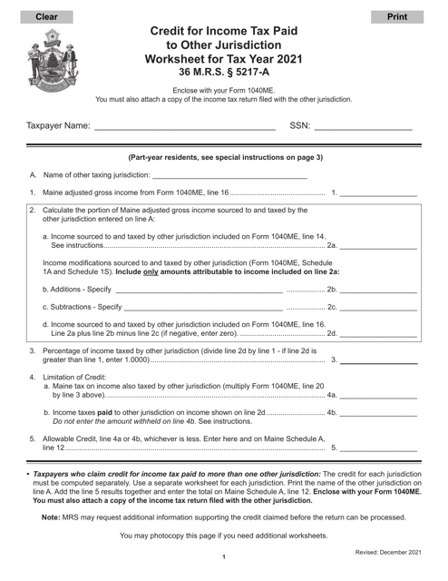 Credit for Income Tax Paid to Other Jurisdiction Worksheet - Maine Download Pdf
