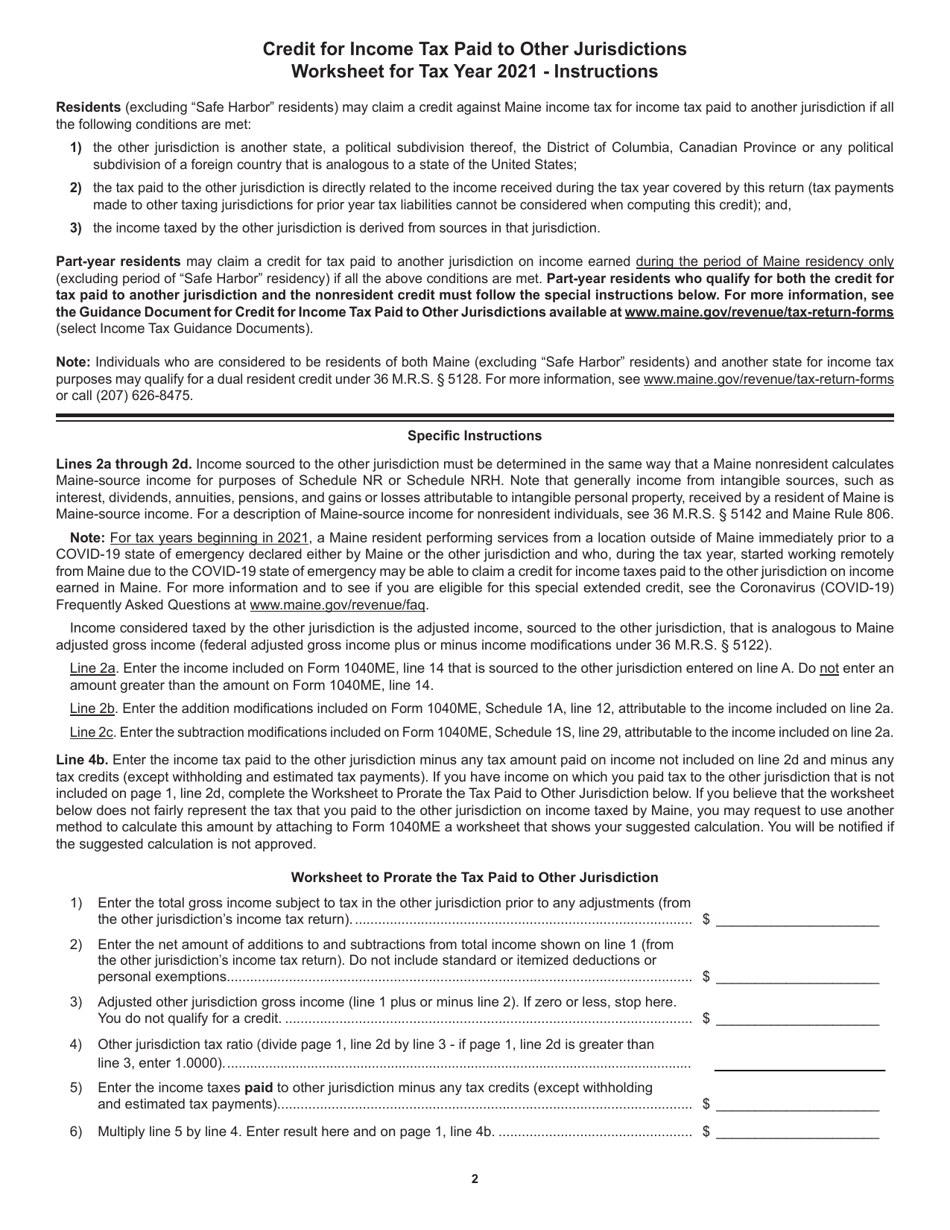 Credit for Income Tax Paid to Other Jurisdiction Worksheet - Maine, Page 2