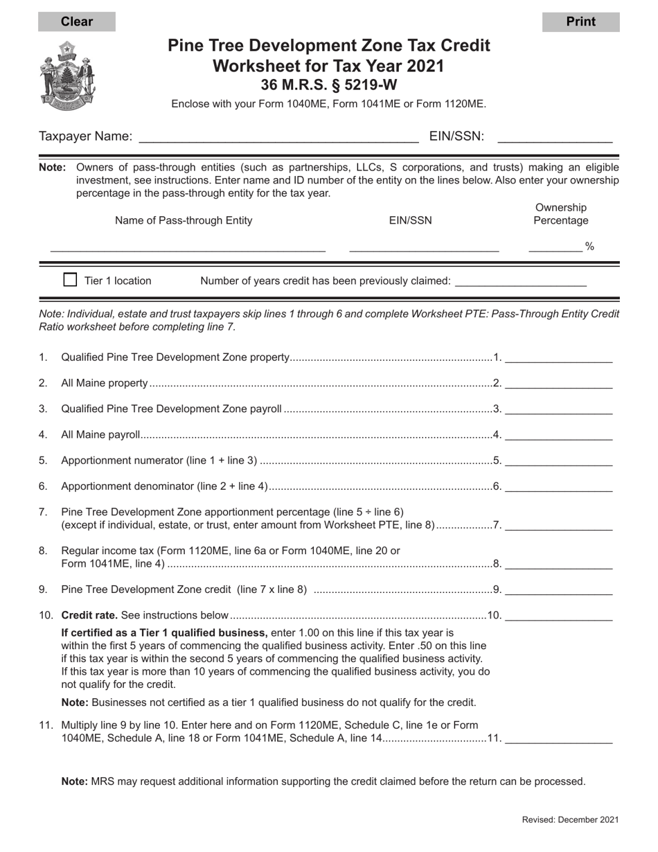 Pine Tree Development Zone Tax Credit Worksheet - Maine, Page 1