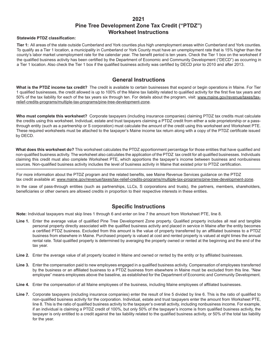 Pine Tree Development Zone Tax Credit Worksheet - Maine, Page 2