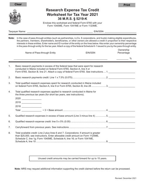 Research Expense Tax Credit Worksheet - Maine Download Pdf