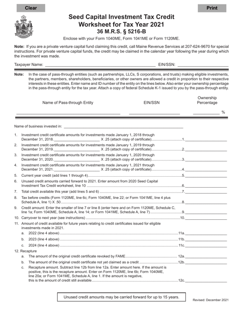 Seed Capital Investment Tax Credit Worksheet - Maine Download Pdf