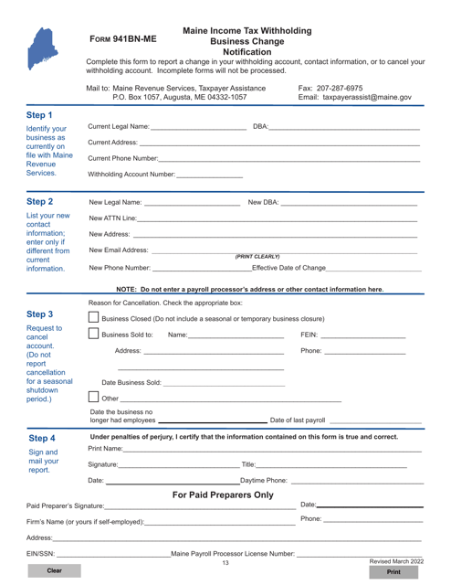 Form 941BN-ME Maine Income Tax Withholding Business Change Notification - Maine