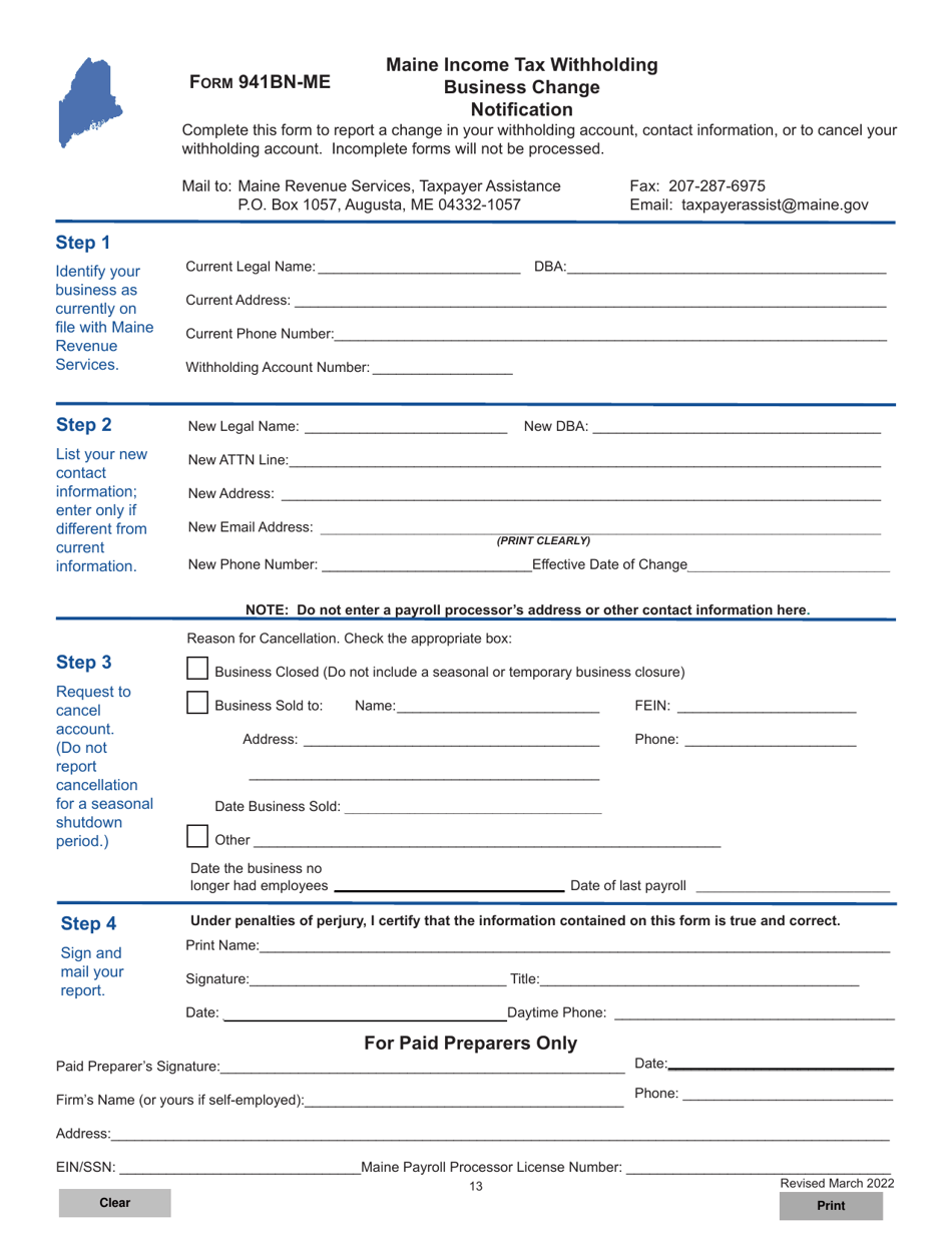 Form 941BN-ME Maine Income Tax Withholding Business Change Notification - Maine, Page 1