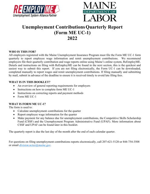 Instructions for Form ME UC-1 Unemployment Contributions Report - Maine, 2022