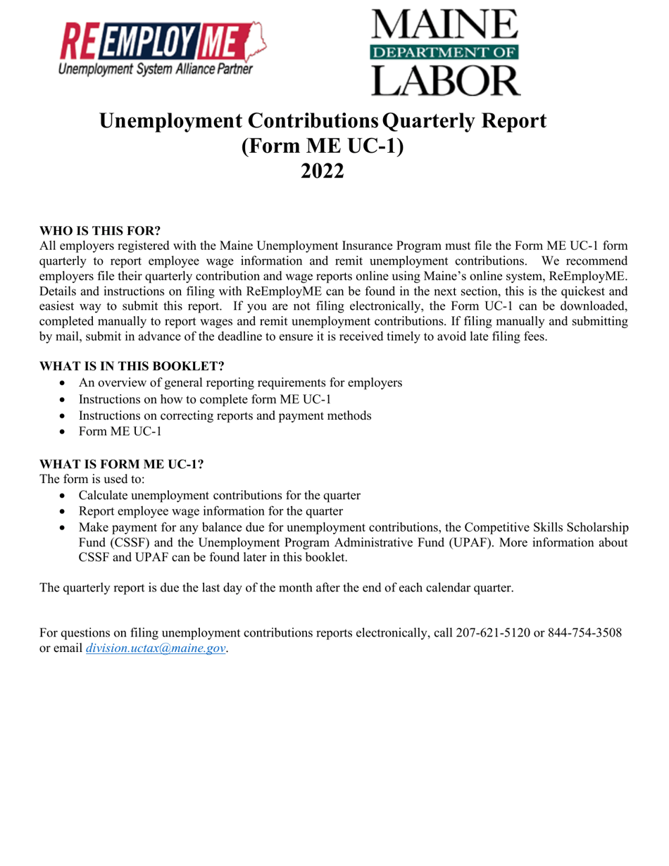 Instructions for Form ME UC-1 Unemployment Contributions Report - Maine, Page 1