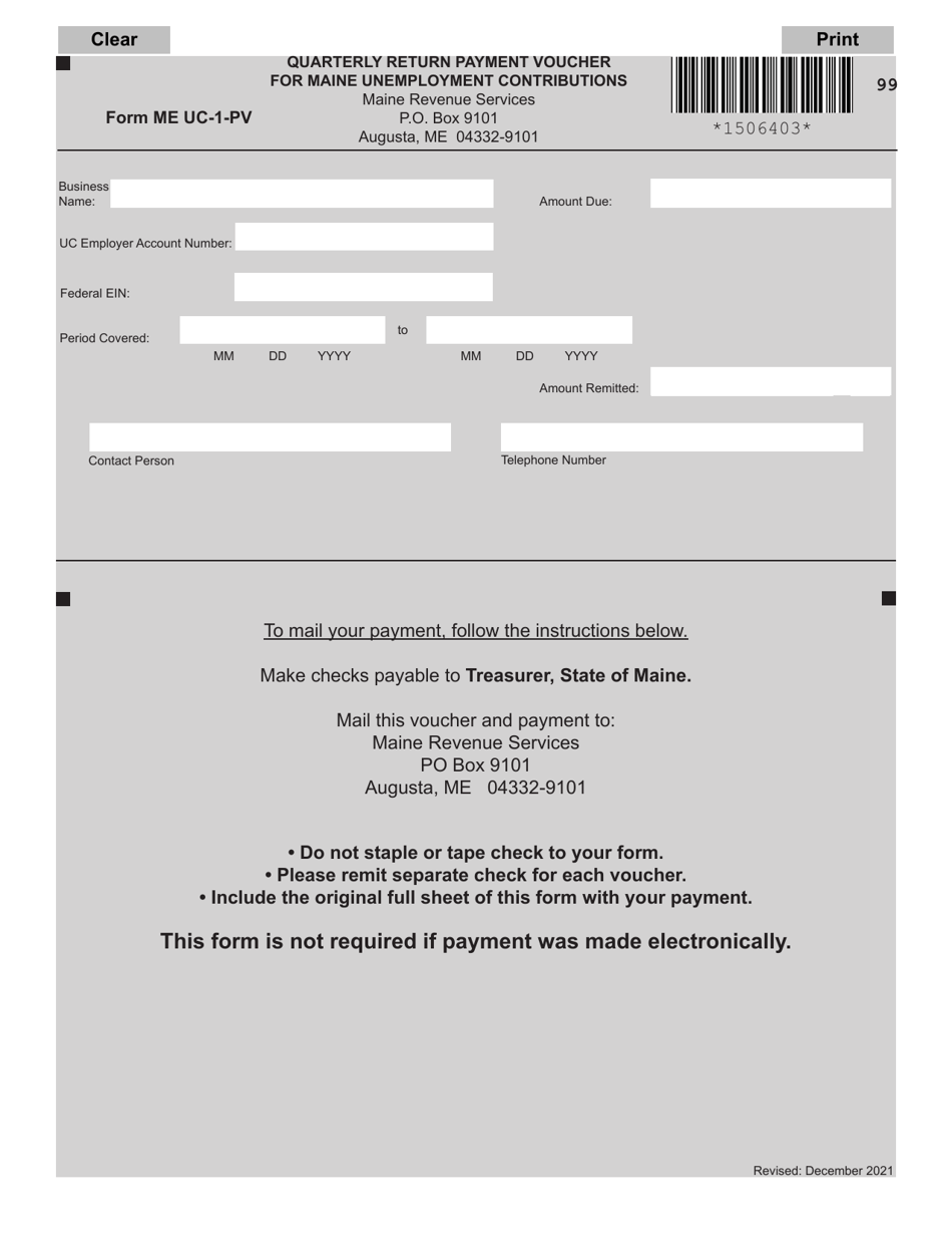 Form ME UC-1-PV Quarterly Return Payment Voucher for Maine Unemployment Contributions - Maine, Page 1