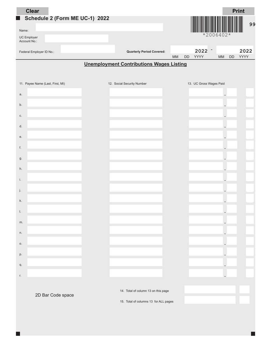 Form ME UC-1 Schedule 2 Unemployment Contributions Wages Listing - Maine, Page 1