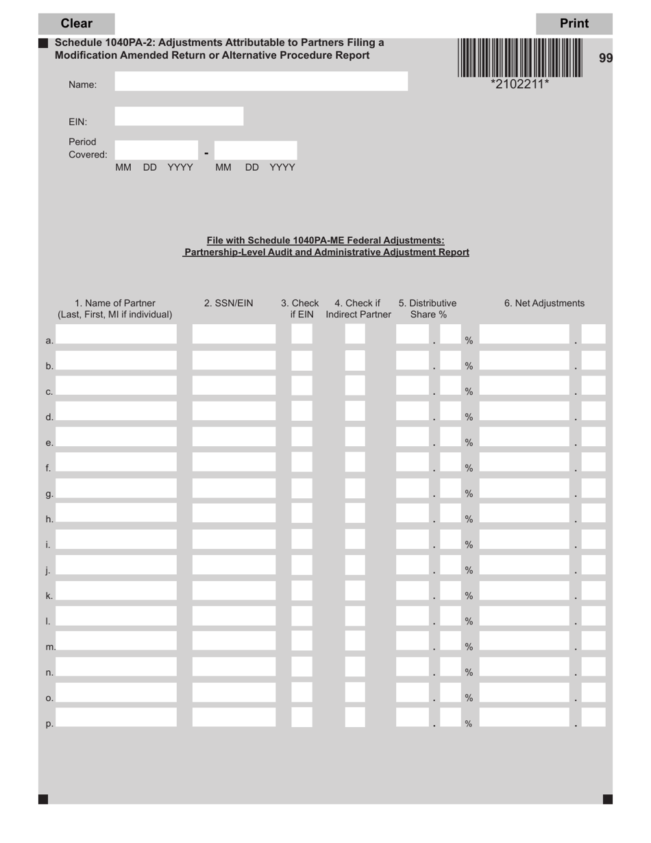 Schedule 1040PA-2 Adjustments Attributable to Partners Filing a Modification Amended Return or Alternative Procedure Report - Maine, Page 1