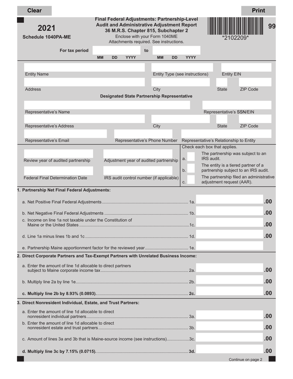 Schedule 1040PA-ME Final Federal Adjustments: Partnership-Level Audit and Administrative Adjustment Report - Maine, Page 1