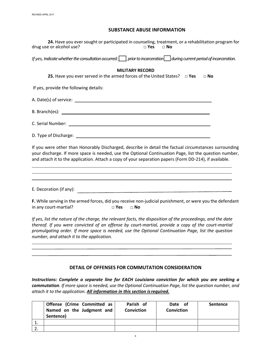 Louisiana Application for Clemency Commutation of Sentence Fill Out