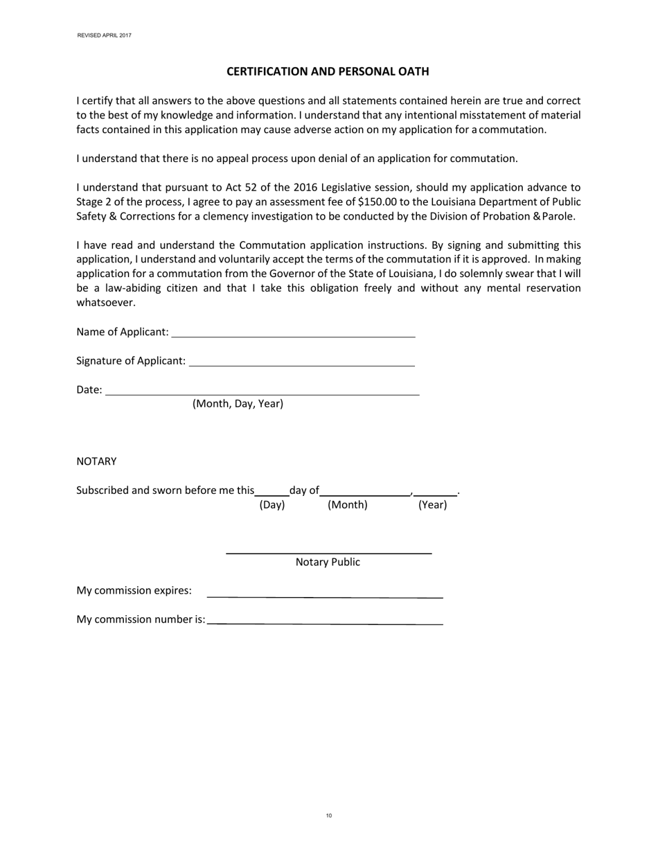 Louisiana Application for Clemency Commutation of Sentence Fill Out