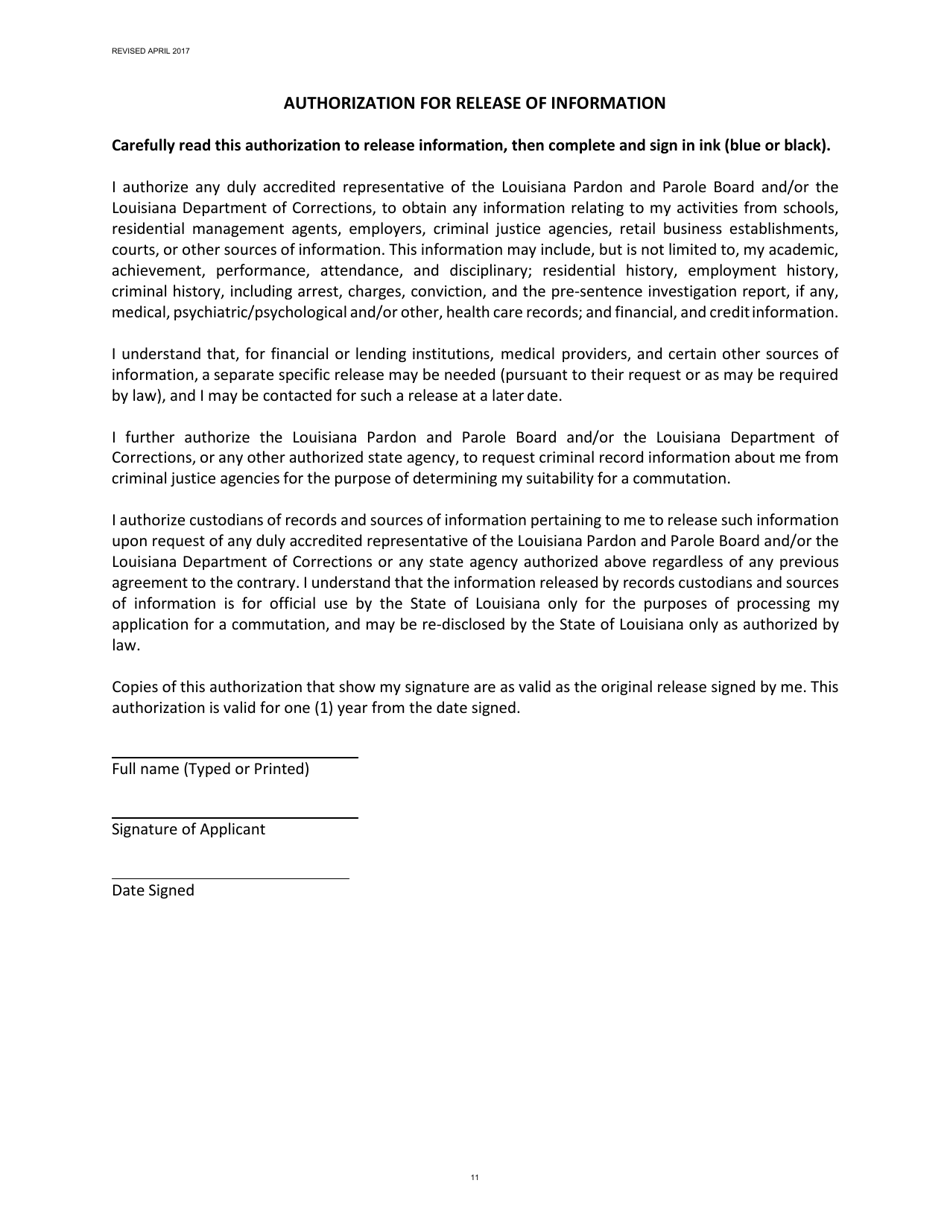 Louisiana Application for Clemency Commutation of Sentence Fill Out