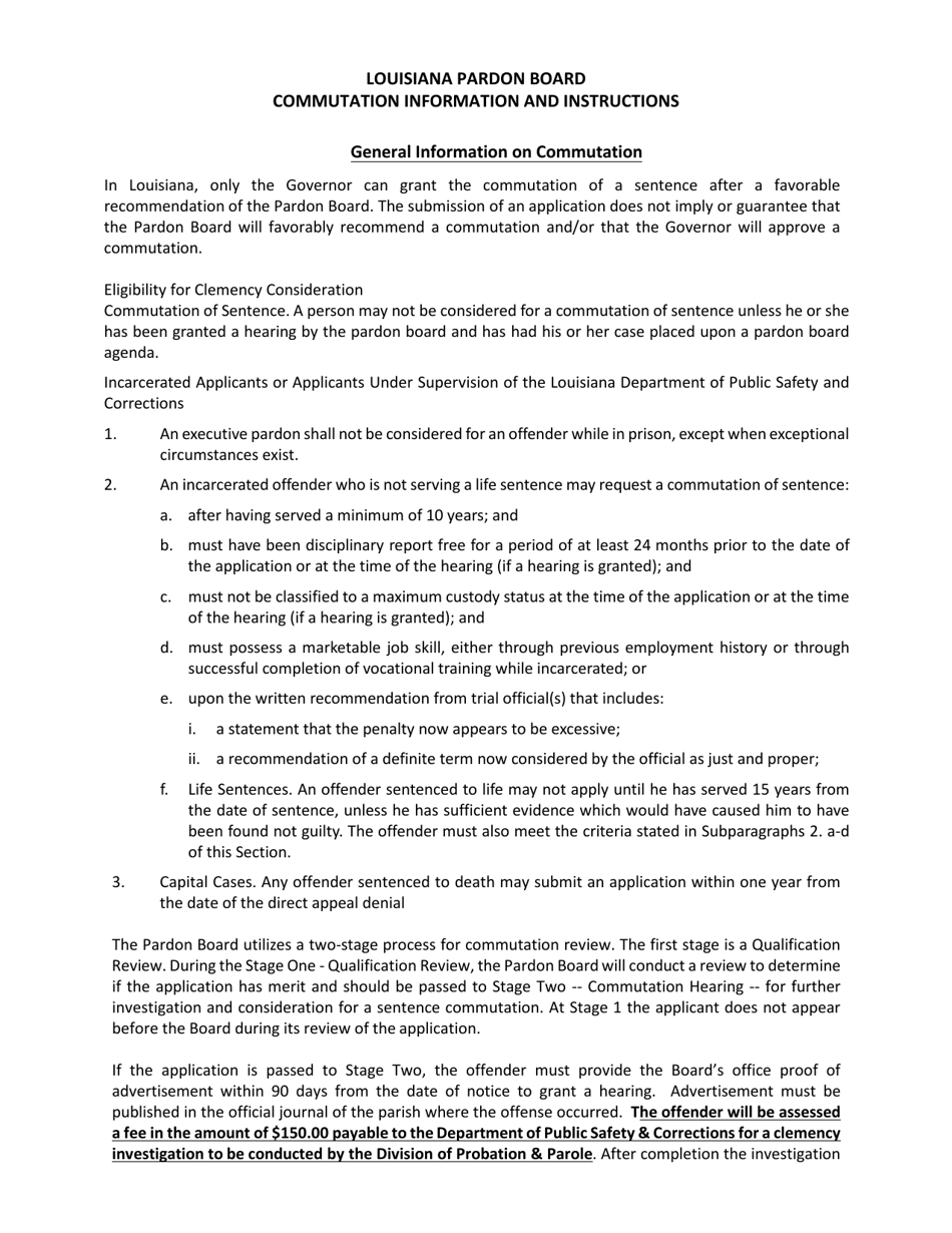 Application for Clemency - Commutation of Sentence - Louisiana, Page 1