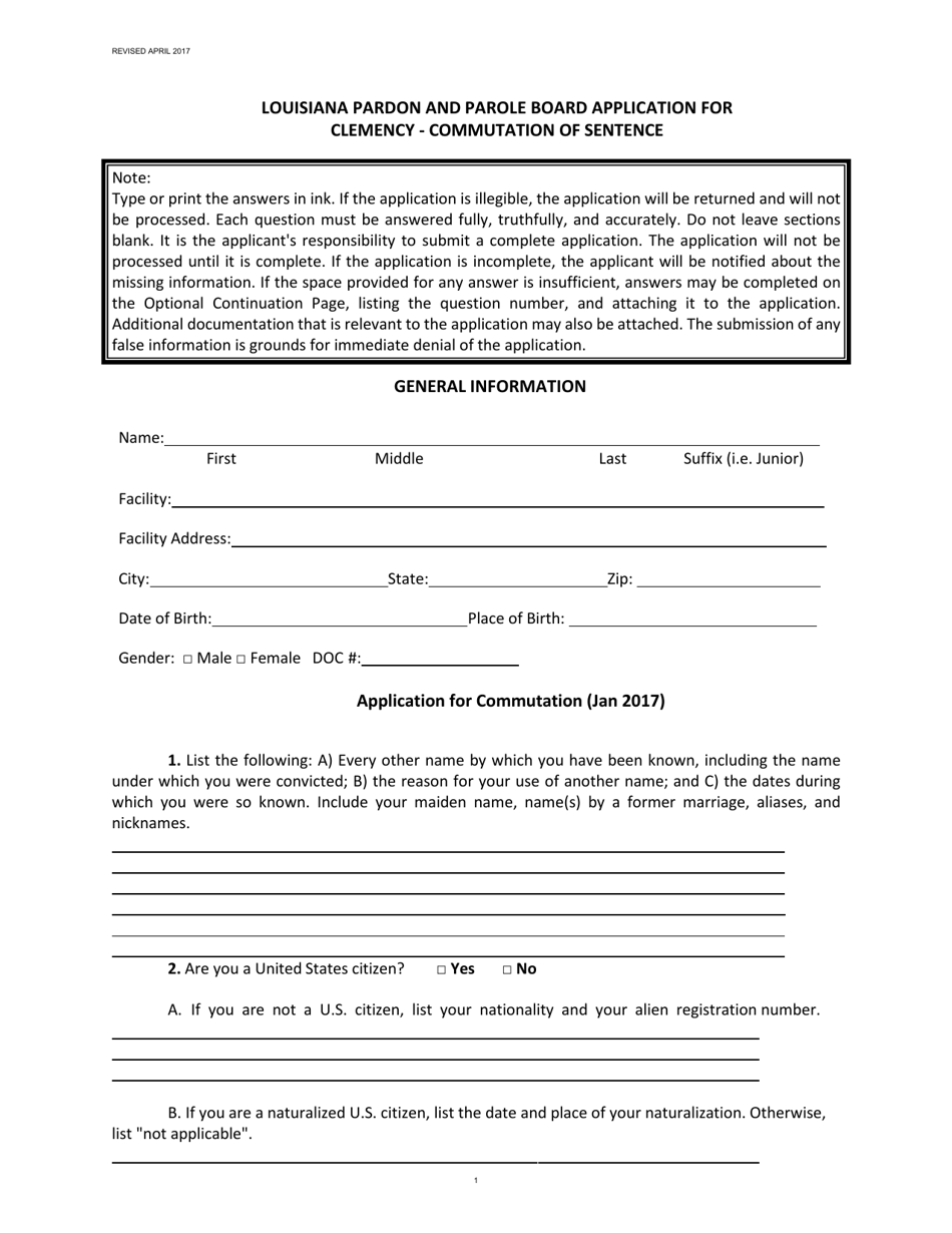 Louisiana Application for Clemency Commutation of Sentence Fill Out