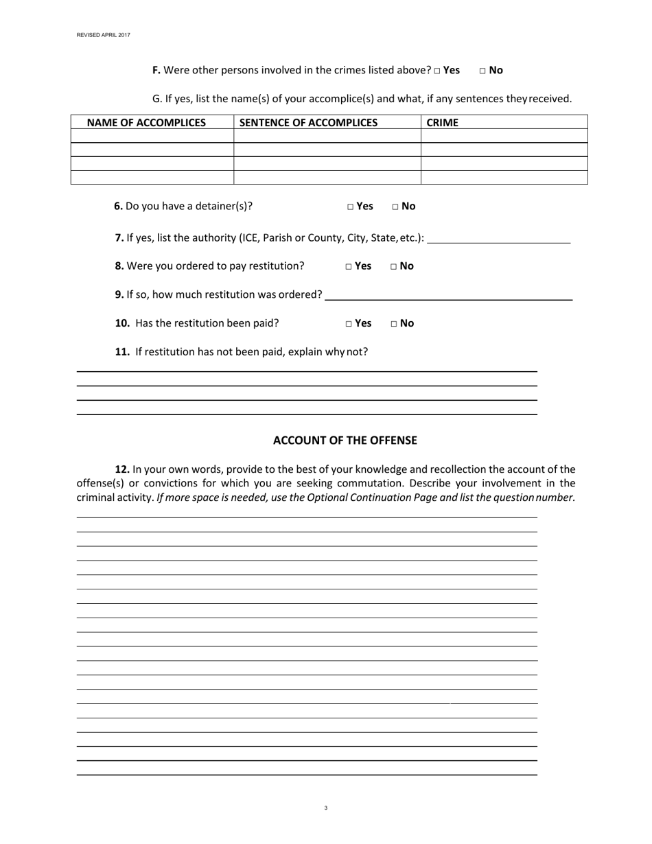 Louisiana Application for Clemency Commutation of Sentence Fill Out