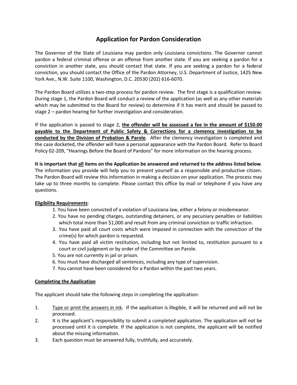 Louisiana Application for Pardon Consideration Fill Out, Sign Online