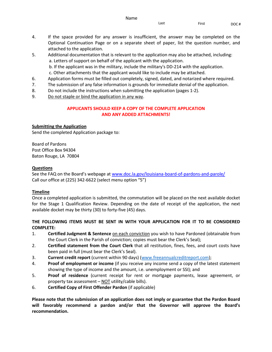 Application for Pardon Consideration - Louisiana, Page 2