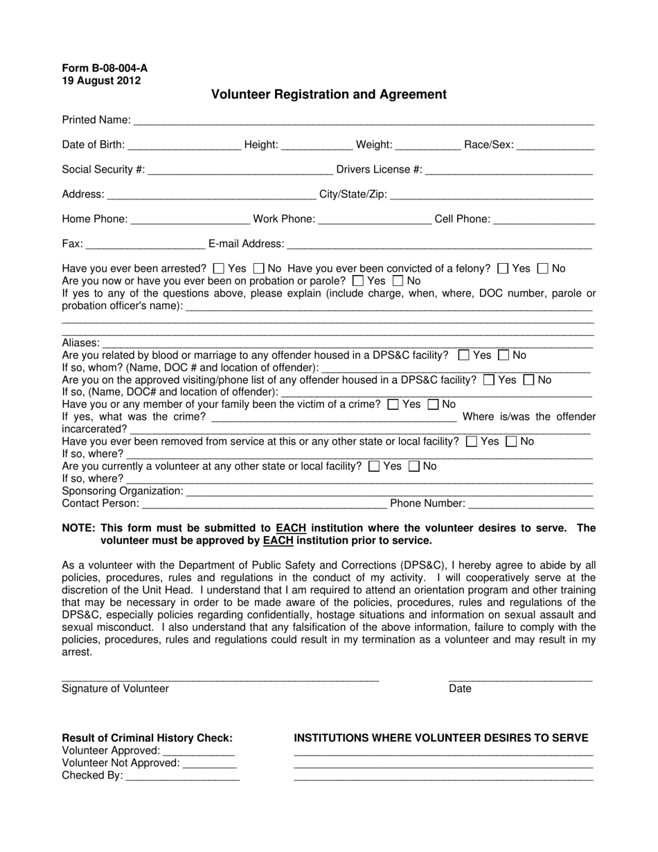 Form B-08-004-A Volunteer Registration and Agreement - Louisiana, Page 1