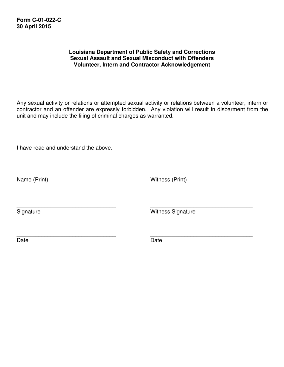 Form C-01-022-C Sexual Assault and Sexual Misconduct With Offenders Volunteer, Intern and Contractor Acknowledgement - Louisiana, Page 1