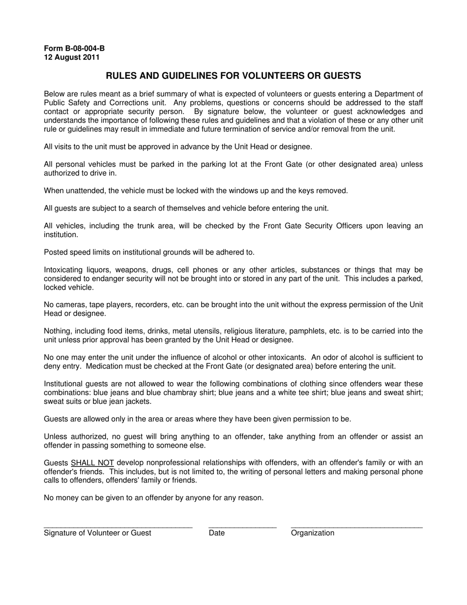 Form B-08-004-B Rules and Guidelines for Volunteers or Guests - Louisiana, Page 1